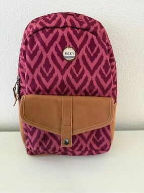 Roxy Pink and Maroon Patterned Backpack with Tan Accent
